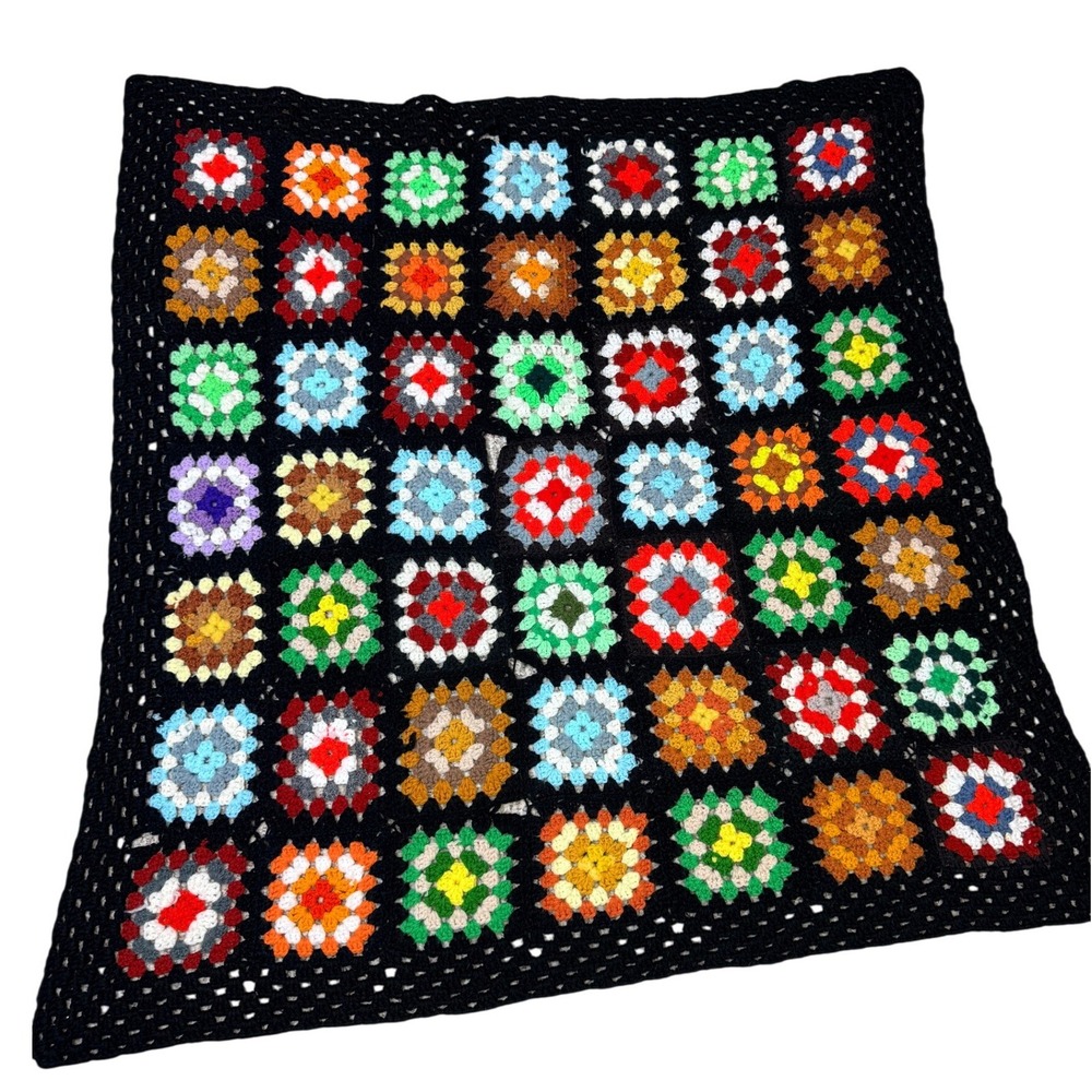 Handmade Vintage Crochet Granny Square Blanket Multi Color Black Trim 45x43